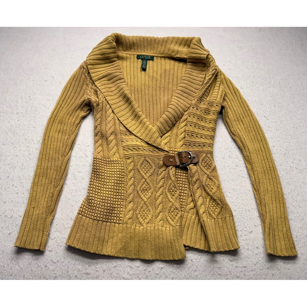Lauren Ralph Lauren Buckle Wrap Cardigan Sweater S Mixed Knit Marled Mustard